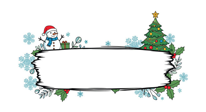 Festive blank Christmas banner featuring a happy snowman and a decorated tree with snowflakes on a white background.
