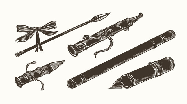 A monochrome illustration showcasing various antique objects, including decorative ribbons and bladed weapons