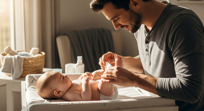 Loving young father smiling while changing his newborn baby diaper on a changing table in a sunlit nursery