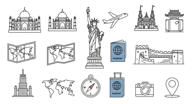Collection of Travel Icons and Landmarks Illustration.