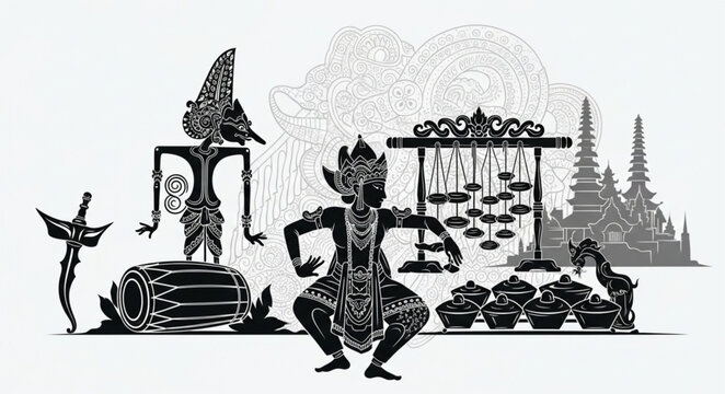 Traditional Indonesian Wayang Kulit Shadow Puppets and Cultural Symbols.