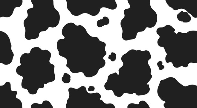 High contrast black and white cow hide pattern suitable for use as a seamless animal print texture for design projects.