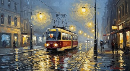 Obraz premium Vintage tram in rainy urban night with warm streetlights and reflections