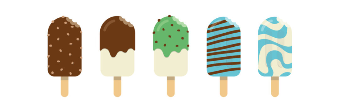 Bitten ice cream bars and popsicles collection, summer dessert with bite mark, vector illustration