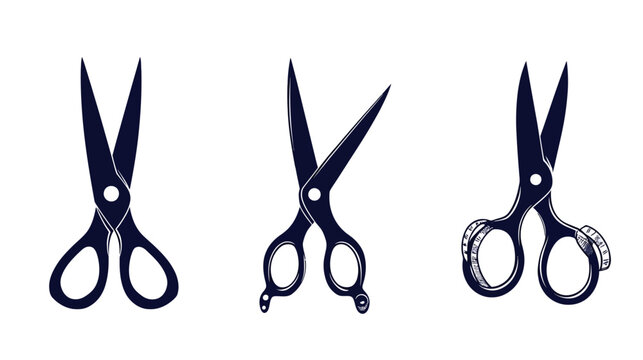 Three stylized, dark blue scissors on a white background, in various open and closed positions