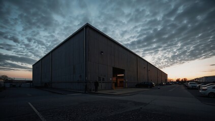 Fototapeta premium Industrial building exterior with open warehouse entrance and workers creating business and logistics concept