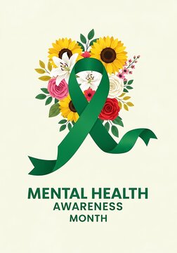 Mental health awareness month green ribbon flowers illustration