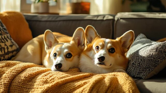 Friendly Corgis on a Sofa