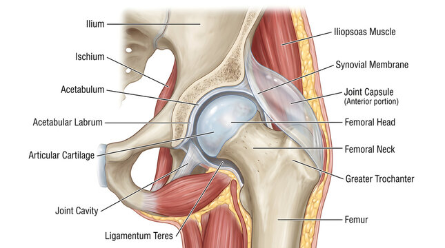 Detailed anatomy of the human hip joint showing ilium, ischium, acetabulum with labrum, articular cartilage, femoral head and neck, joint capsule, synovial membrane, ligaments and surrounding muscles 