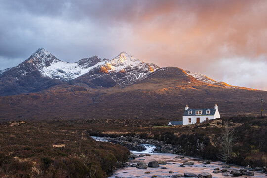 Sunset on the Black Cuillin Mountains on the Isle of Skye, Scotland.