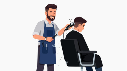 Obraz premium A barber in a blue apron cutting a man's hair with clippers in a modern salon setting.
