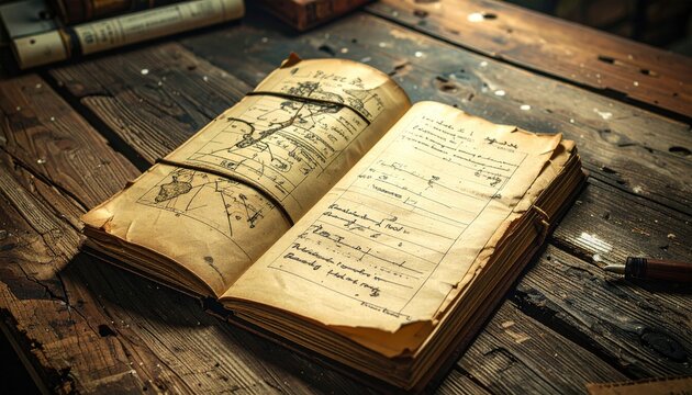 Vintage Hand Drawn Map Journal with Handwritten Notes and Diagrams on Aged Paper