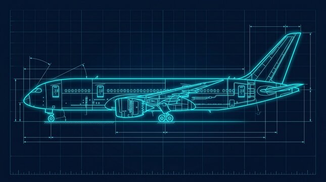 Detailed blueprint illustration of a modern passenger airplane, showcasing its engineering and design on a dark blue grid background