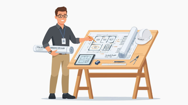 A cartoon man presenting architectural blueprints on a wooden easel in a modern office setting.