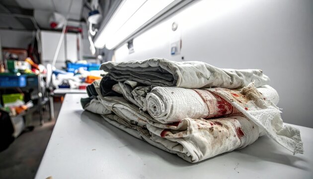 Stack of used, stained rags and bandages neatly folded, suggesting medical or laboratory context.