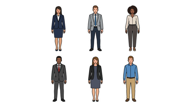 Set of Diverse Business People in Professional and Business Casual Attire - Flat Vector Illustration