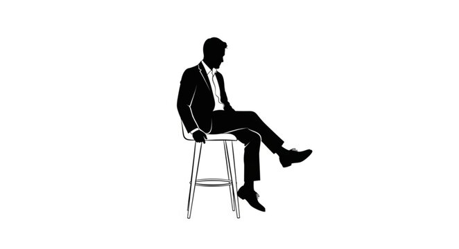 Silhouette of a businessman sitting on a stool against a white background.