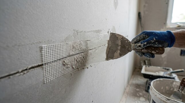 Fiberglass mesh tape over wall crack during plaster repair