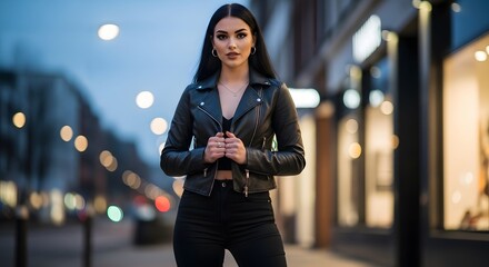 Fototapeta premium Stylish Young Woman in Leather Jacket Posing on City Street at Dusk with Bokeh Lights