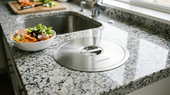 Built in compost chute on kitchen countertop near sink with bowl of vegetable scraps, stainless steel cover, modern home recycling concept