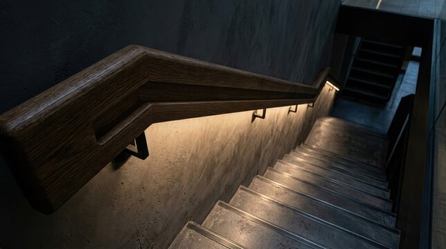 Recessed led strip light stair railing staircase wall light interior dim light modern design concrete wall wooden handrail stair