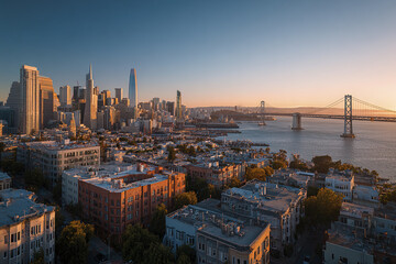 Fototapeta premium Panoramic city skyline with tall buildings and large suspension bridge over water during sunset, showcasing urban architecture and peaceful waterfront views in warm light