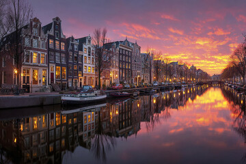 Naklejka premium Sunset over canal with historic buildings and boats reflecting on calm water in charming cityscape with warm lights glowing in windows and street lamps