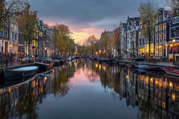 Fototapeta premium Panoramic view of canal with historic Dutch houses and boats reflecting on calm water during sunset with colorful sky and autumn trees creating peaceful atmosphere