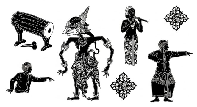 Traditional Indonesian Wayang Kulit Shadow Puppets and Gamelan Instruments.