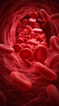 Red blood cell flowing vessel artery closeup macro view, capillary vein circulation bloodstream, medical illustration with soft depth of field, vascular lumen texture, anatomy science background