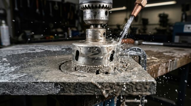 Drill hole saw cutting metal with water cooling in workshop, close up of industrial tool and stone surface