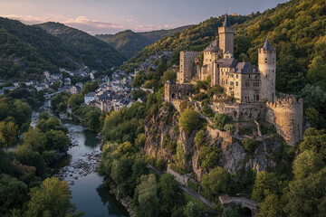 Fototapeta premium Medieval stone castle perched on rocky hill surrounded by lush green forest and river flowing through peaceful village in scenic valley at sunset