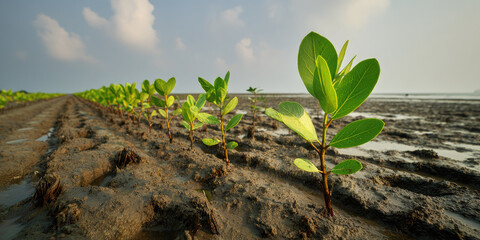 Fototapeta premium Mangrove restoration planting unique low angle wide shot mud green young mangrove saplings grow in rows on wet muddy ground environmental conservation hope for coastal ecosystem