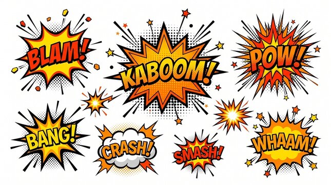 A collection of vibrant comic book style explosion and sound effect bubbles with words like POW, KABOOM, and BLAM.