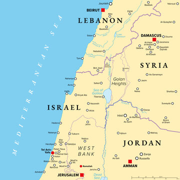 Southern Lebanon and northern Israel, political map of disputed areas in the Middle East, including the Golan Heights, and western parts of Syria and Jordan, with borders and largest cities. Vector