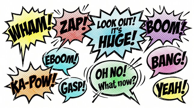 Colorful pop art comic book speech bubbles and sound effect bursts expressing various exclamations and dialogue.