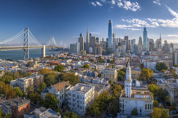 Naklejka premium Panoramic view of city skyline with tall buildings and large suspension bridge over water under blue sky with scattered clouds on sunny day