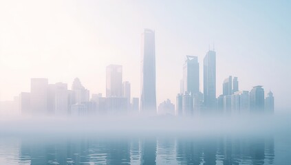 Fototapeta premium Cityscape enveloped in a hazy atmosphere, creating a dreamy and ethereal ambience, reflecting on the water below.