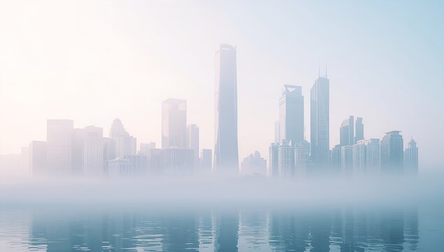 Cityscape enveloped in a hazy atmosphere, creating a dreamy and ethereal ambience, reflecting on the water below.