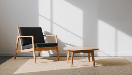 Fototapeta premium Aesthetic minimalism concept with chair and table placed in sunlit room, soft shadows and neutral palette creating calm and modern interior design composition