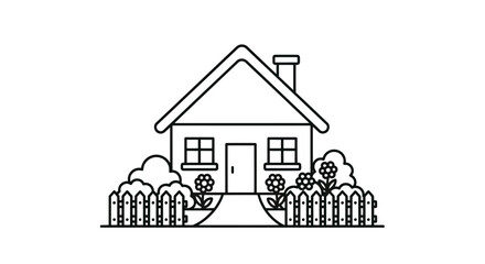 Fototapeta premium Simple house with picket fence, garden path, and blooming flowers