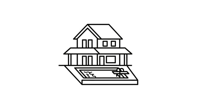 A minimalist line drawing of a modern house with a swimming pool and diving board