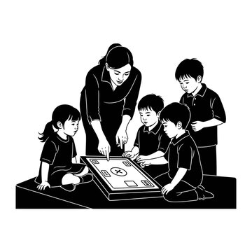 Woman teaching children playing game.