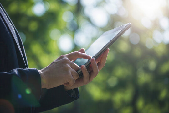 Businessman using tablet with eco green tree background, man hand holding tablet in sustainable technology