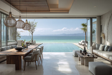 Fototapeta premium Modern beachfront living room with open view of infinity pool and ocean, featuring natural wood furniture, neutral tones, and soft lighting creating calm and inviting atmosphere
