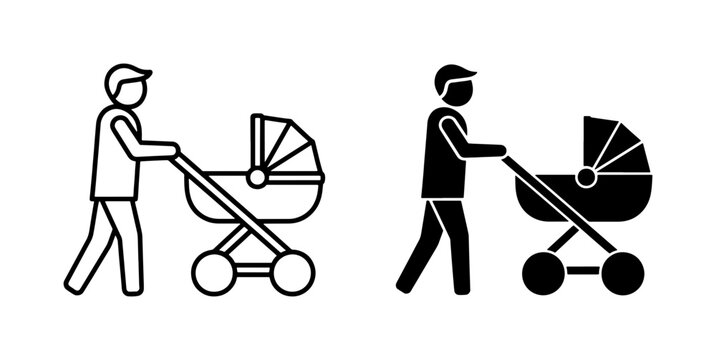 Father pushing baby stroller line and silhouette icon set