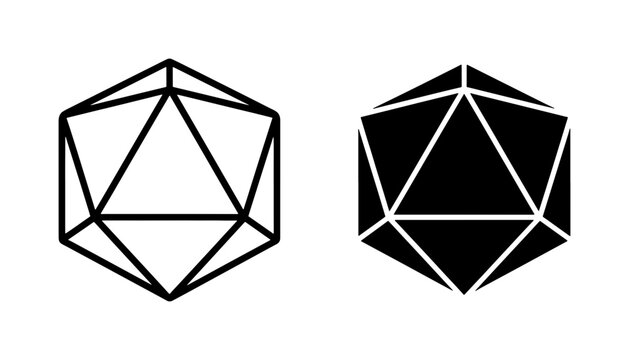D20 Dice Outline and Solid Icosahedron Vector Icons