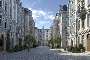 Fototapeta premium European residential district with classic architecture, cobblestone street, and greenery under bright blue sky, creating peaceful and elegant urban atmosphere