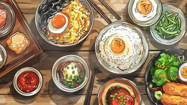 Delicious Japanese meal with various bowls of food, including rice, eggs, and vegetables on wooden table