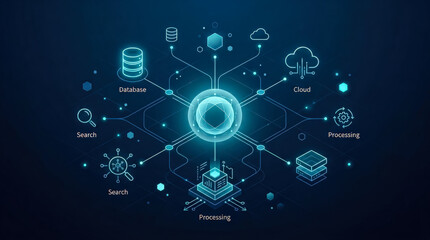 Fototapeta premium Abstract Digital Network Concept Featuring Centralized Data Processing and Cloud Connectivity